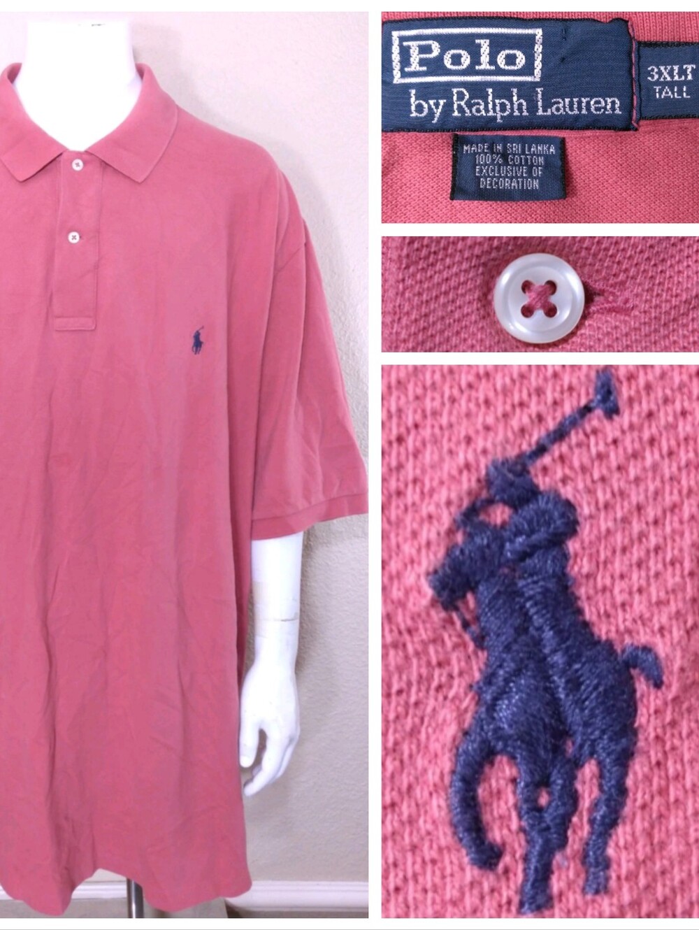 POLO RALPH LAUREN 3XLT Pink BLUE PONY XXXL 3XL BIG & TALL RL MENS Vintage Shirt